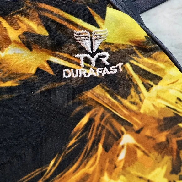 TYR Durafast One-Piece Swimsuit Yellow Abstract Print Crisscros Size 30 S 4/6 - Picture 3 of 6